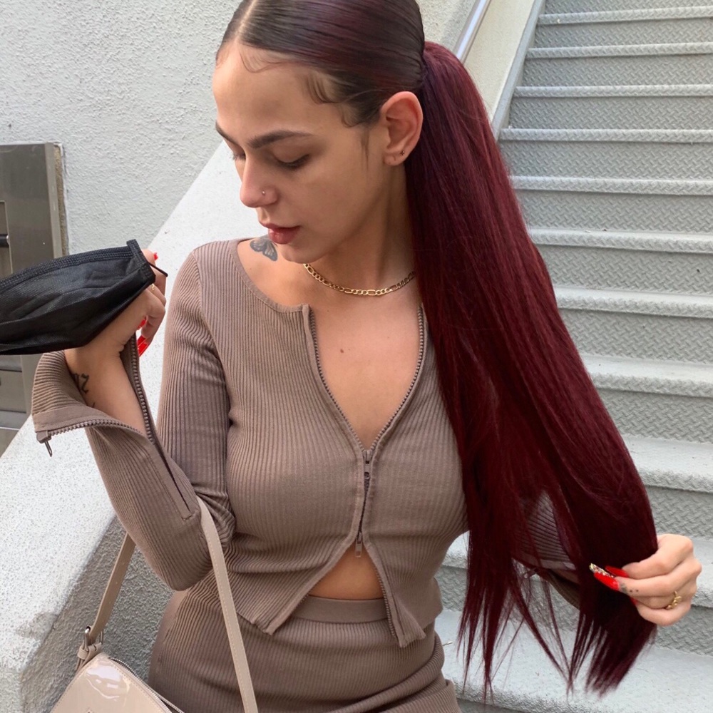 Dark red synthetic ponytail extension